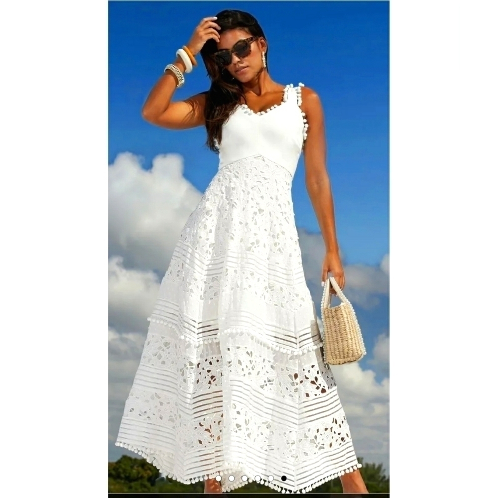 BOSTON Proper Mixed Media Lace Pom Pom Dress, Color White, Size S